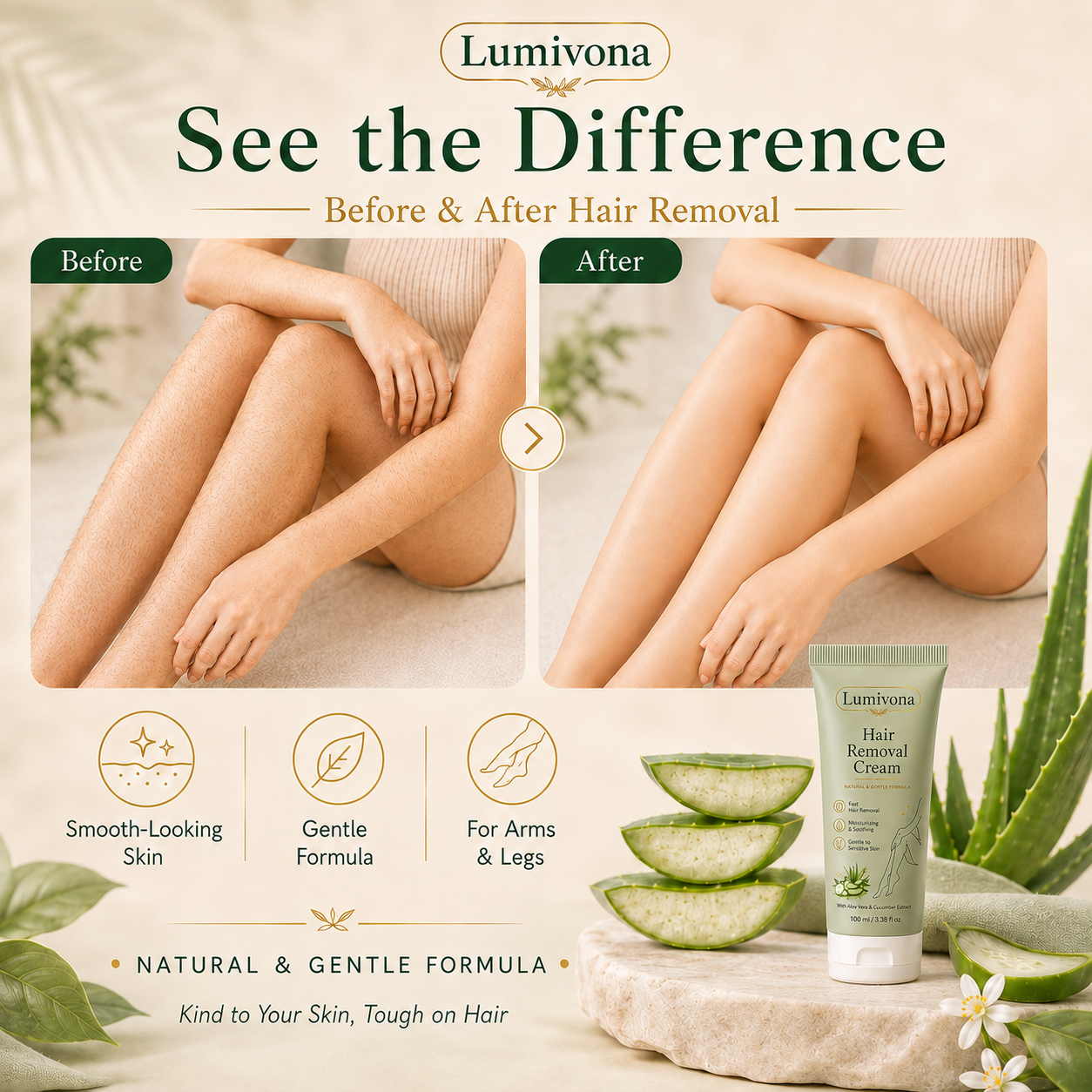 Lumivona™ Natural Gentle Hair Removal Cream | For Women & Men, Sensitive Skin