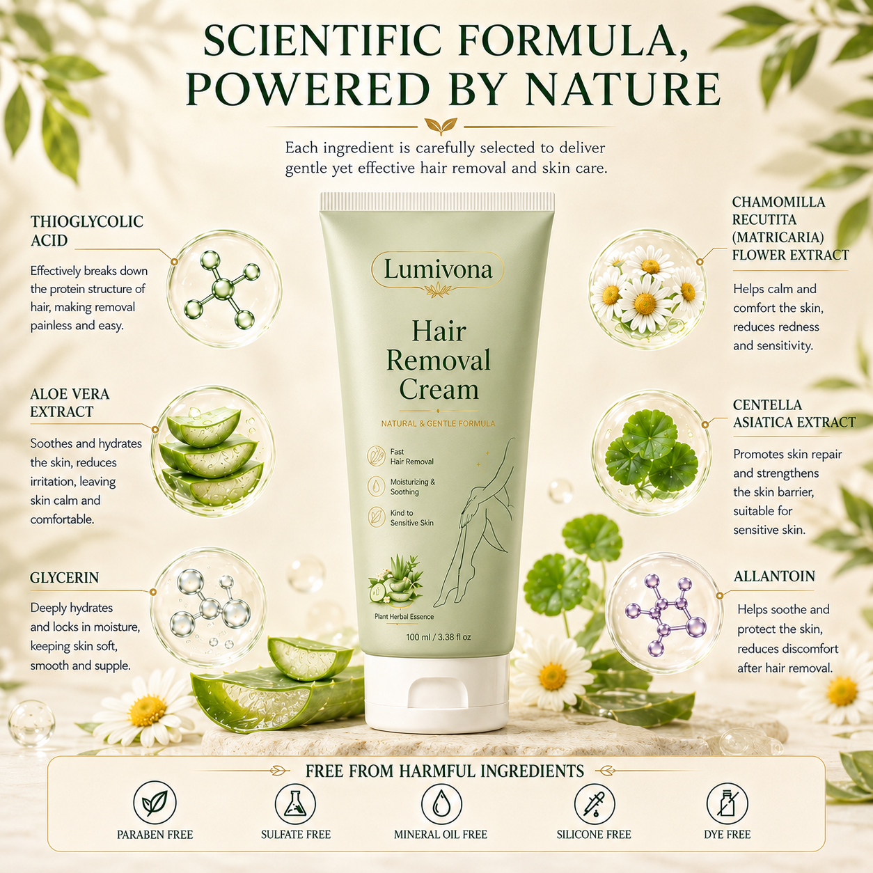 Lumivona™ Natural Gentle Hair Removal Cream | For Women & Men, Sensitive Skin